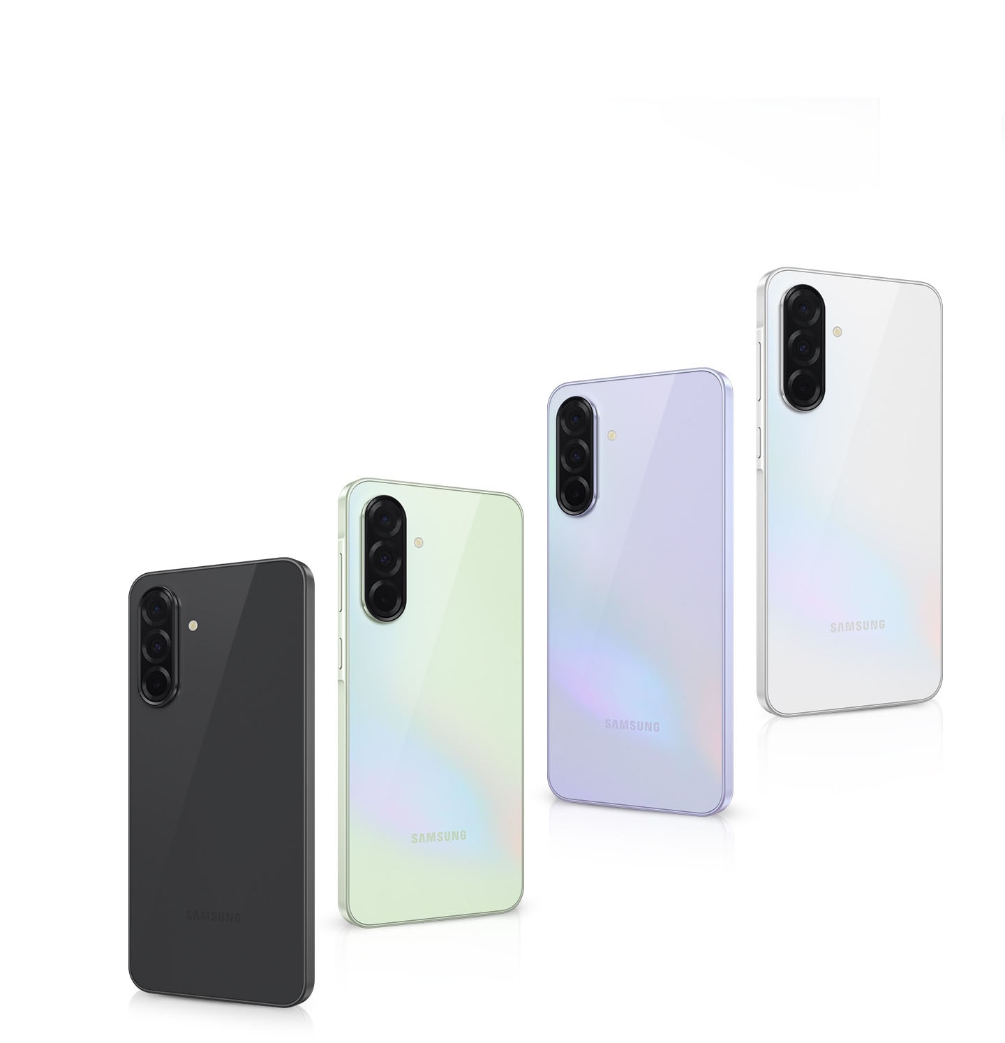 Four Galaxy A36 5G devices tilted in different directions showing the rear view. The device on the far left and second from the right are tilted toward the right. The device on the far right and second from the left are tilted toward the left.