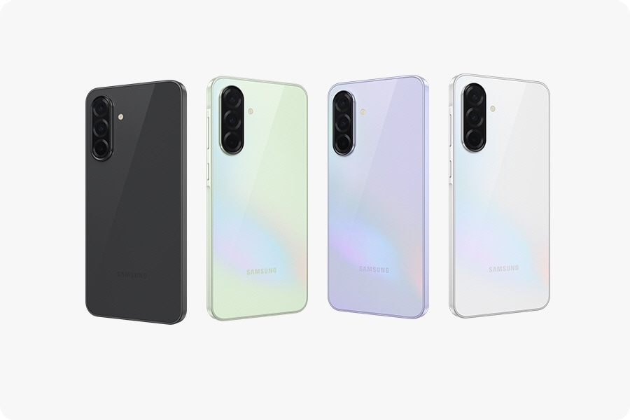 The rear view of four Galaxy A36 5G devices, tilted in different directions, slide into view one by one. The device on the far left and second from the right are tilted toward the right. The device on the far right and second from the left are tilted toward the left.