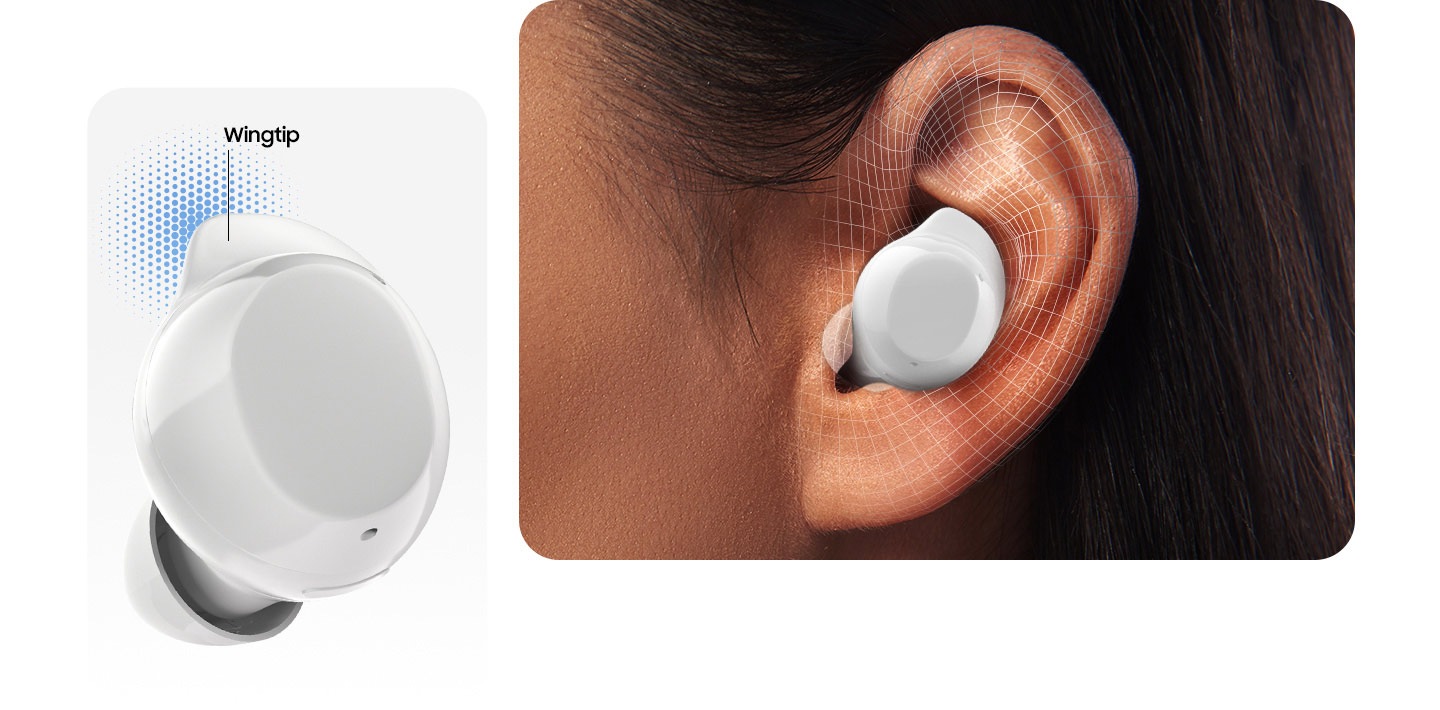 A single, white colored Galaxy Buds Core earbud with text Wingtip indicating the design. A woman wearing a single, white colored Galaxy Buds Core earbud in her left ear showing how well the earbud fits in your ear.