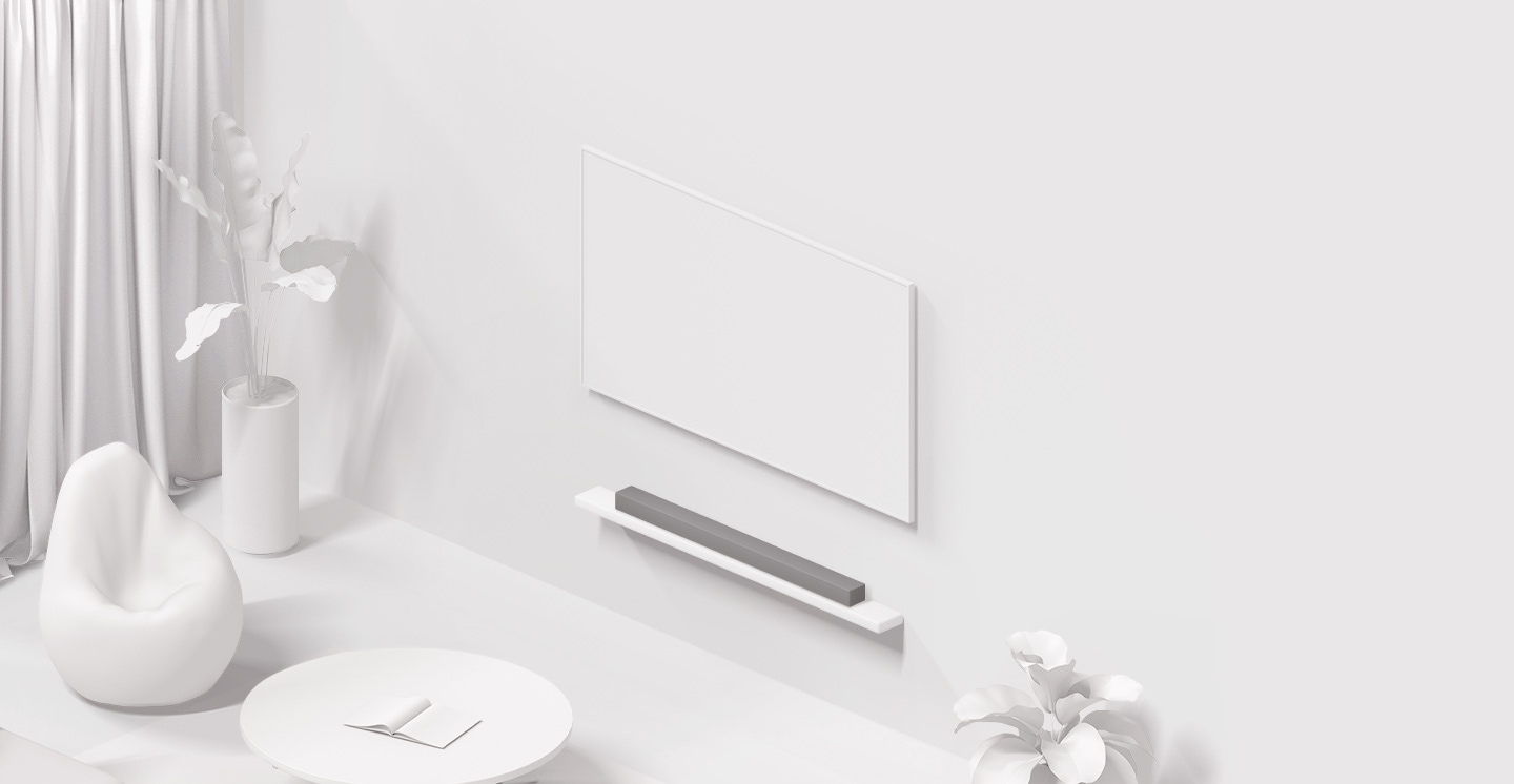 يظهر جهاز الصوت soundbar تحت تلفزيون مثبت في الحائط داخل غرفة معيشة. يُظهر كل رمز أنّ جهاز الصوت soundbar يدعم اتصال Wi-Fi وبلوتوث اللاسلكي، فضلاً عن وصلة HDMI وكابل بصري.