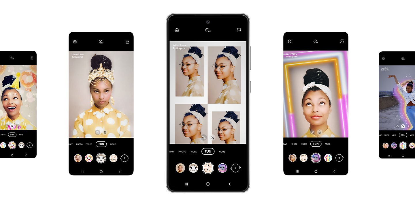 2. Galaxy A52s 5G seen from the front. On either side of the phone are four total representations of the screen. On each screen, the Fun mode option selected in the Camera app onscreen, and shows the five different lenses available. From left is Happy Birthday, Golden Crown, White Frame, Neon Frame and Neon Body. In the phone in the center we see a woman taking a selfie and using the Snapchat lens White Frame, which shows her selfie four times in a mod design with a white frame surrounding all four photos.