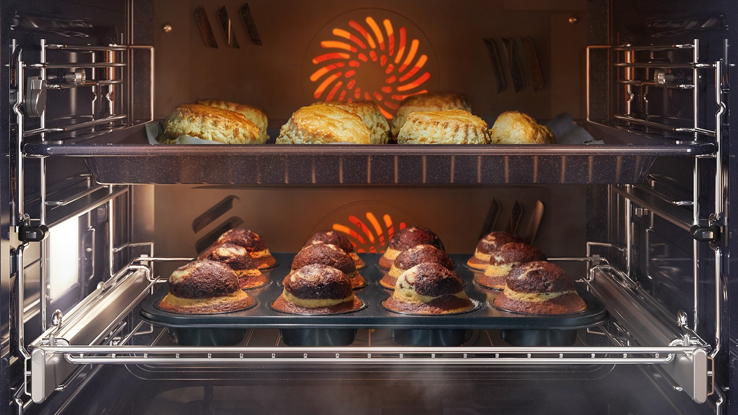 Shows various cakes and pastries being baked in the oven using the convection system, but being kept moist with steam using the Add Steam option.