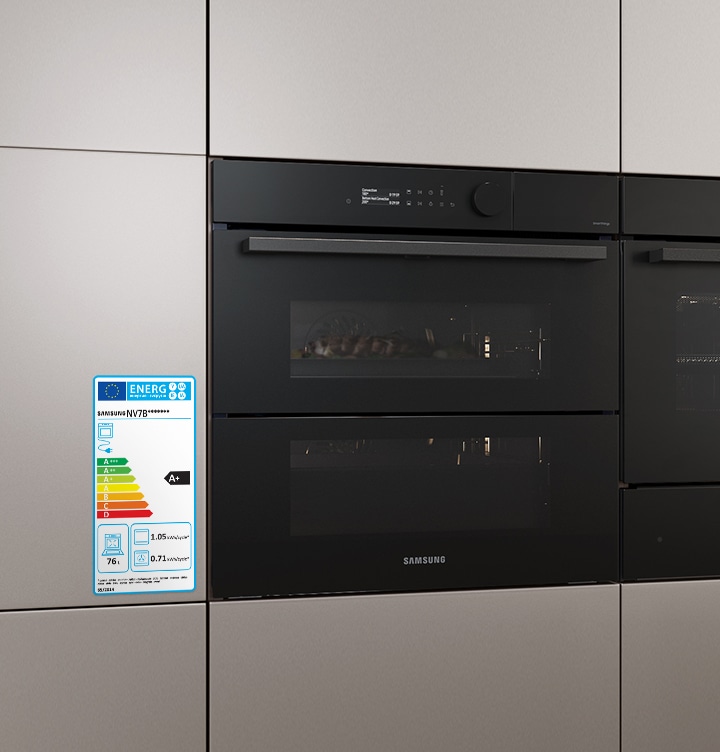 Shows the oven in the kitchen with a label highlighting its A+ energy efficiency rating. It also shows that it has a 76 liter capacity and consumes 1.05 kWh/cycle as a conventional oven and 0.71 kWh/cycle using forced air convection.