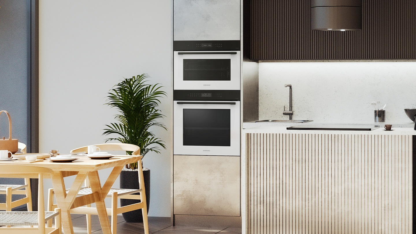 Shows the built-in oven seamlessly installed in a kitchen next to a Microwave Combo oven. Its BESPOKE "Clean Beige" color elegantly complements and enhances the kitchen's color scheme.