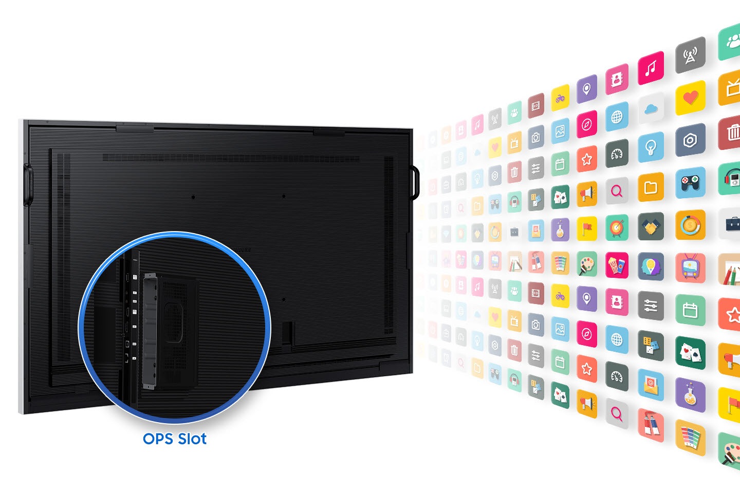 The OPS Slot located on the back of the Flip Pro is enlarged and displayed. On the right, a number of app icons available through OPS are listed.