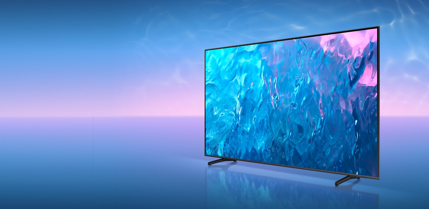 A QLED TV is displaying blue graphic on its screen.
