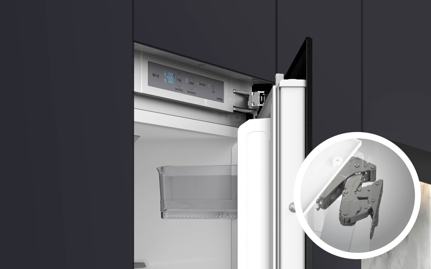 The door of the BRR6000B is closing slowly. The lower right corner shows an enlarged view of the hinge of the door.