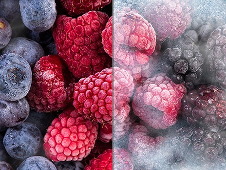The blueberries and raspberries on the left is frost-free and looks fresh. The blueberries and raspberries on the right are frozen.