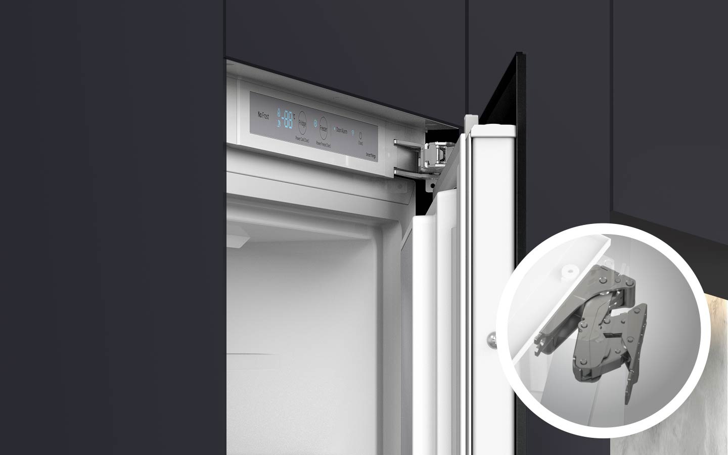 The door of the BRR6000B is closing slowly. The lower right corner shows an enlarged view of the hinge of the door.