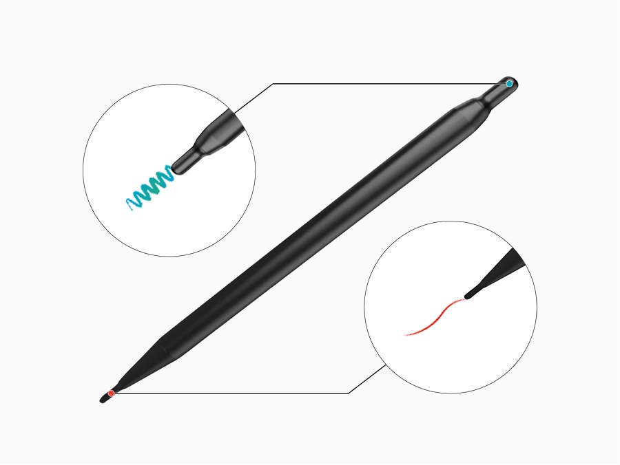 This presents a detailed close-up of a WAD dual-ended pen, with the unique functions of each end accentuated by magnified circles. On the upper left side, a circle highlights the pen's marker feature, characterized by a broad blue stroke. The circle on the lower right side reveals a thin red line, illustrating the other end's ability for precise, fine detailing.