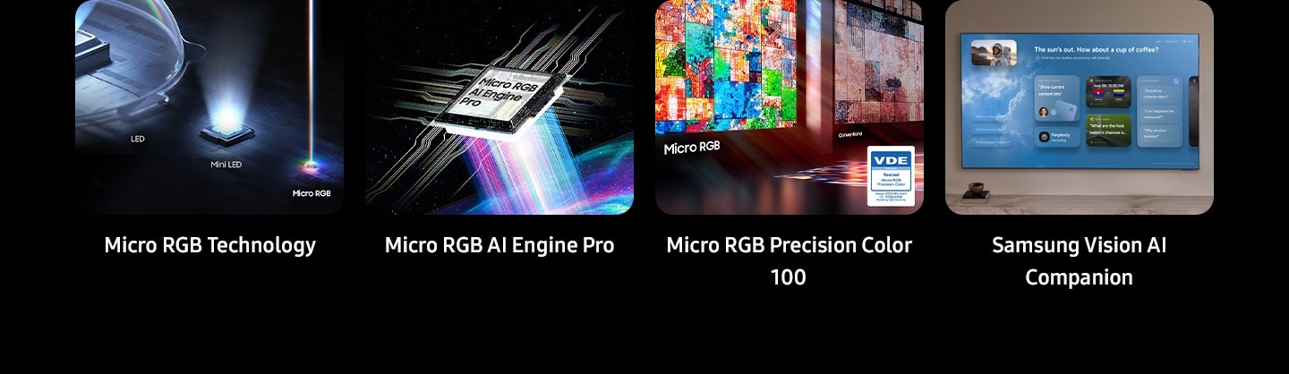 Funkcijų apžvalga, kurioje pabrėžiamas „Samsung Vision AI Companion“, „Crystal Processor 4K“, „Dynamic Sound Pack“ ir futbolo režimas.