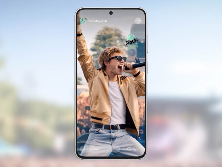 Three musicians perform on an outdoor stage. Followed by detection boxes around all three performers after the prompt says &ldquo;Select someone to follow.&rdquo; The lead singer is selected. The edited video becomes a subject-centered tracking shot that follows the singer on Galaxy S26 FE.