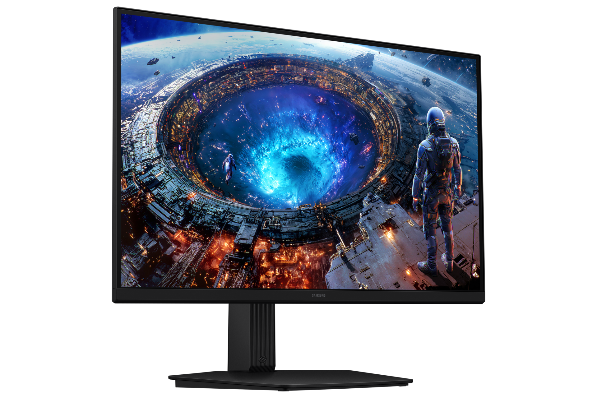 27 colių žaidimų monitorius „Odyssey G8 G80HF“ (5K 180 Hz / QHD 360 Hz) LS27HG806EFXEN, juodas – vaizdas iš kairės pusės perspektyvos