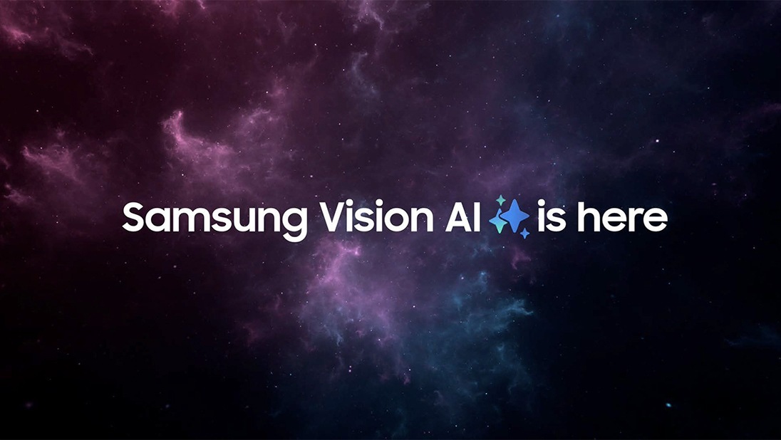 Samsung Vision AI is here logo against a galaxy background.