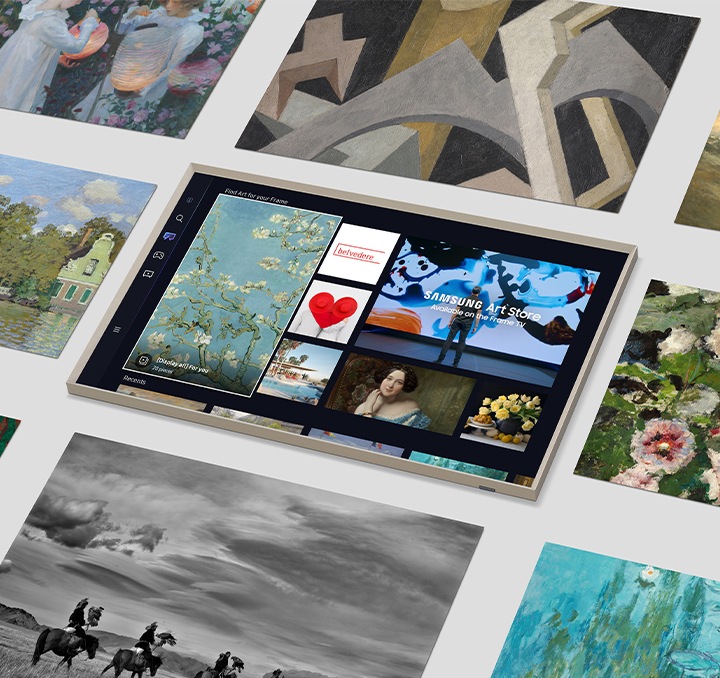 Trang Art Store của The Frame được hiển thị ở trung tâm.  Xung quanh nó là nhiều tác phẩm nghệ thuật có thể tìm thấy trong Art Store.