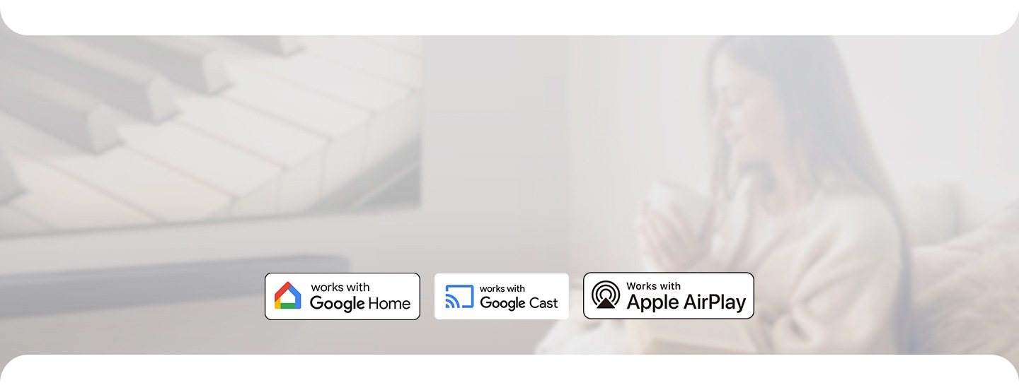 Works with Google Home, Works with Google Cast™ and Works with Apple AirPlay logos on background.
