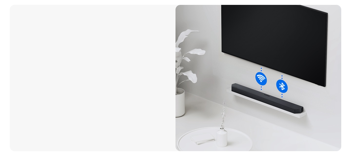 A TV and soundbar are connected wirelessly via dotted lines with the Wi-Fi and Bluetooth symbols.