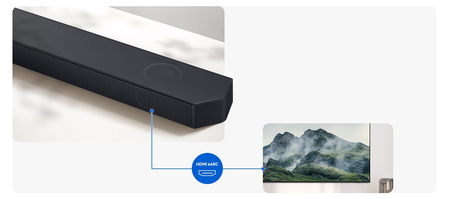 Close-up of a Samsung soundbar. A line connects the soundbar to a TV and shows the logo for HDMI eARC.