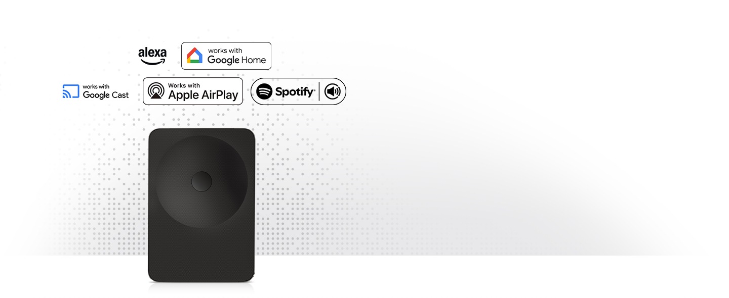 Music Studio 7 speaker with logos for Amazon Alexa, Works With Google Home, Works With Google Cast™, Works With Apple AirPlay and Spotify, showing versatile voice and streaming support.