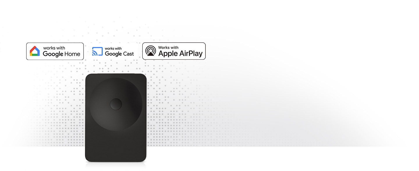 Music Studio 7 speaker with logos for Works With Google Home, Works With Google Cast™, Works With Apple AirPlay, showing versatile voice and streaming support.