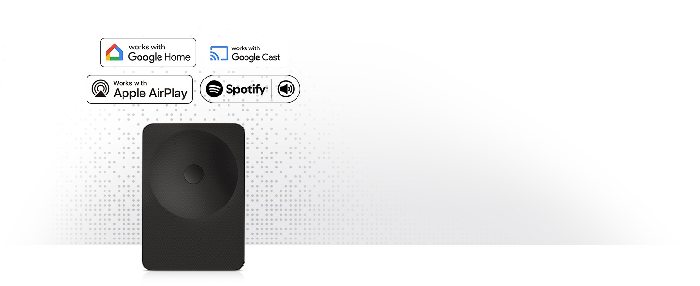 Music Studio 7 speaker with logos for Works With Google Home, Works With Google Cast™, Works With Apple AirPlay and Spotify, showing versatile voice and streaming support.