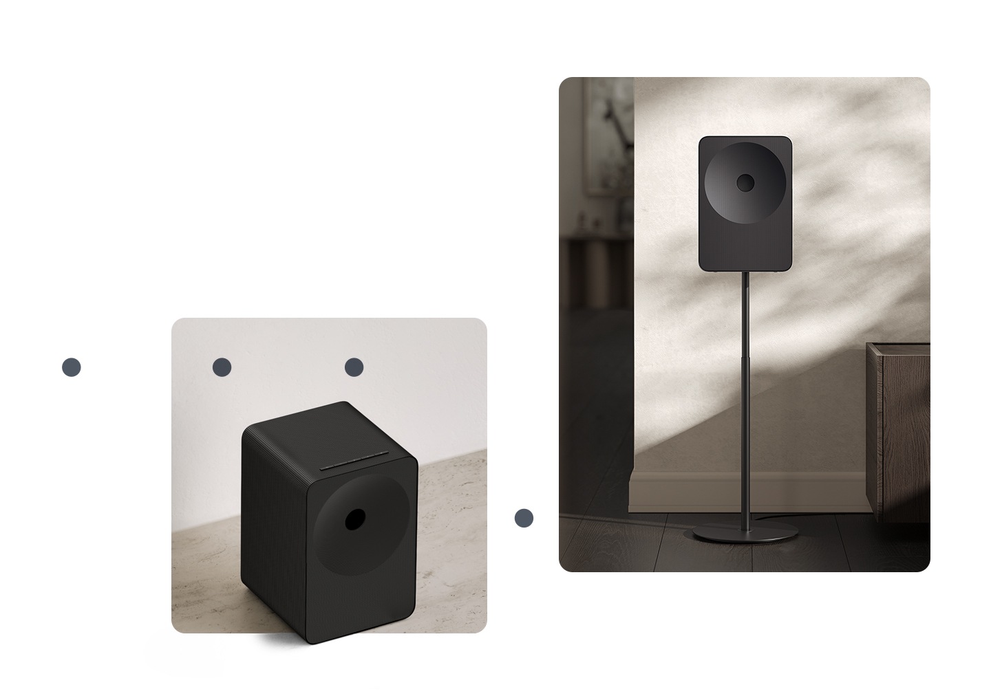Music Studio 7 speaker shown on a stand and tabletop, highlighting its minimal geometry, smooth lines and calm, refined design presence.
