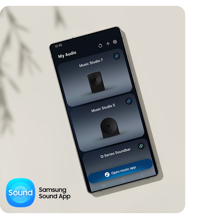 Samsung Sound App UI on a smartphone where the user can connect various devices and adjust settings. Samsung Sound App logo.