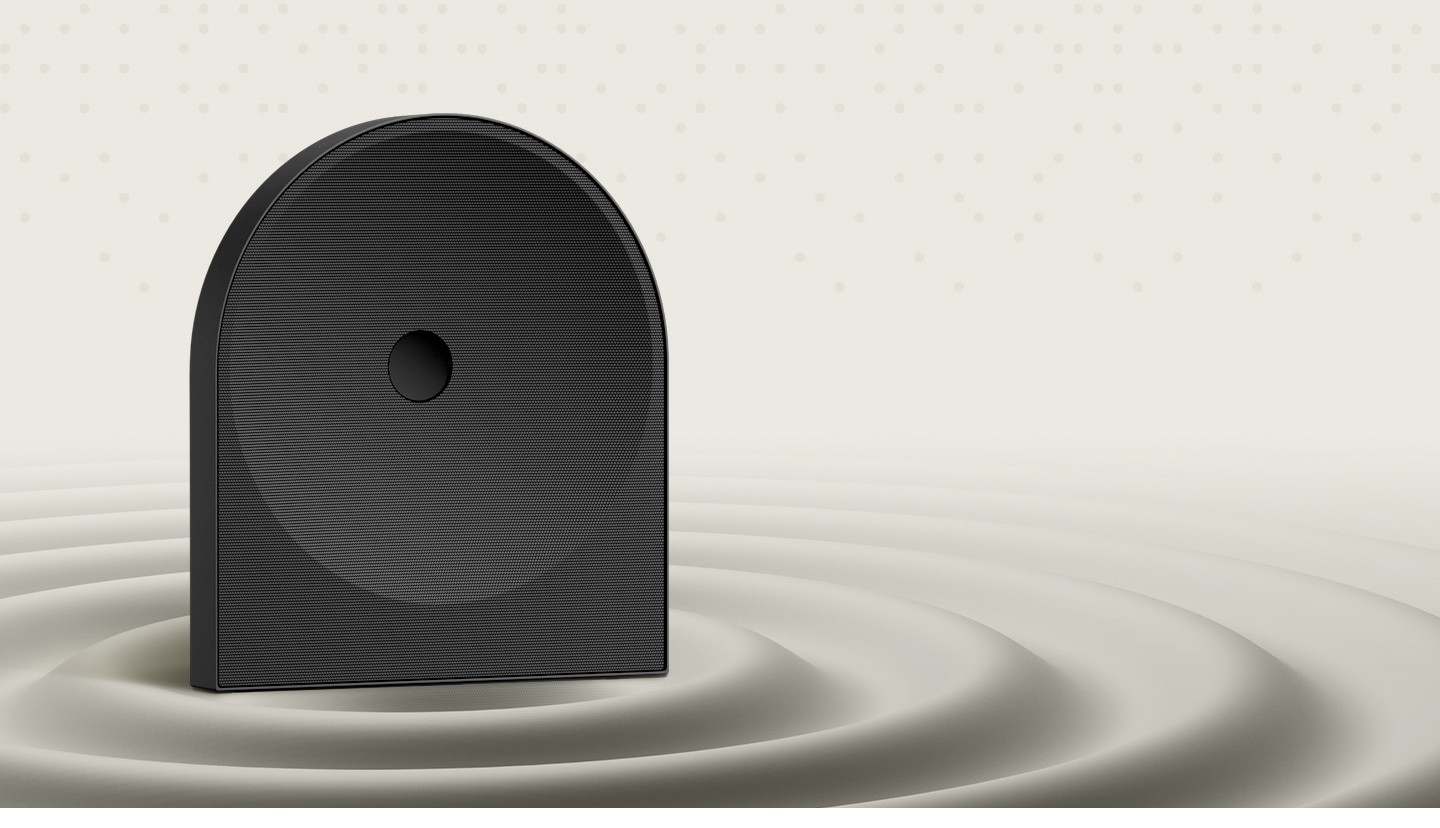 Music Studio 5 speaker with AI Dynamic Bass Control, shown amid rippling waves to illustrate clear, realistic bass with low distortion.