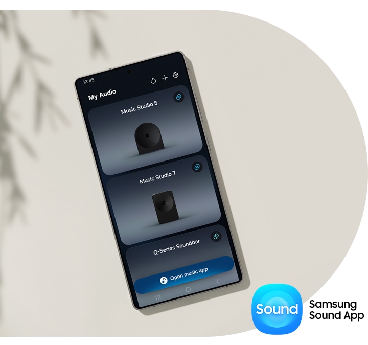 Samsung Sound App UI on a smartphone where the user can connect various devices and adjust settings. Samsung Sound App logo.