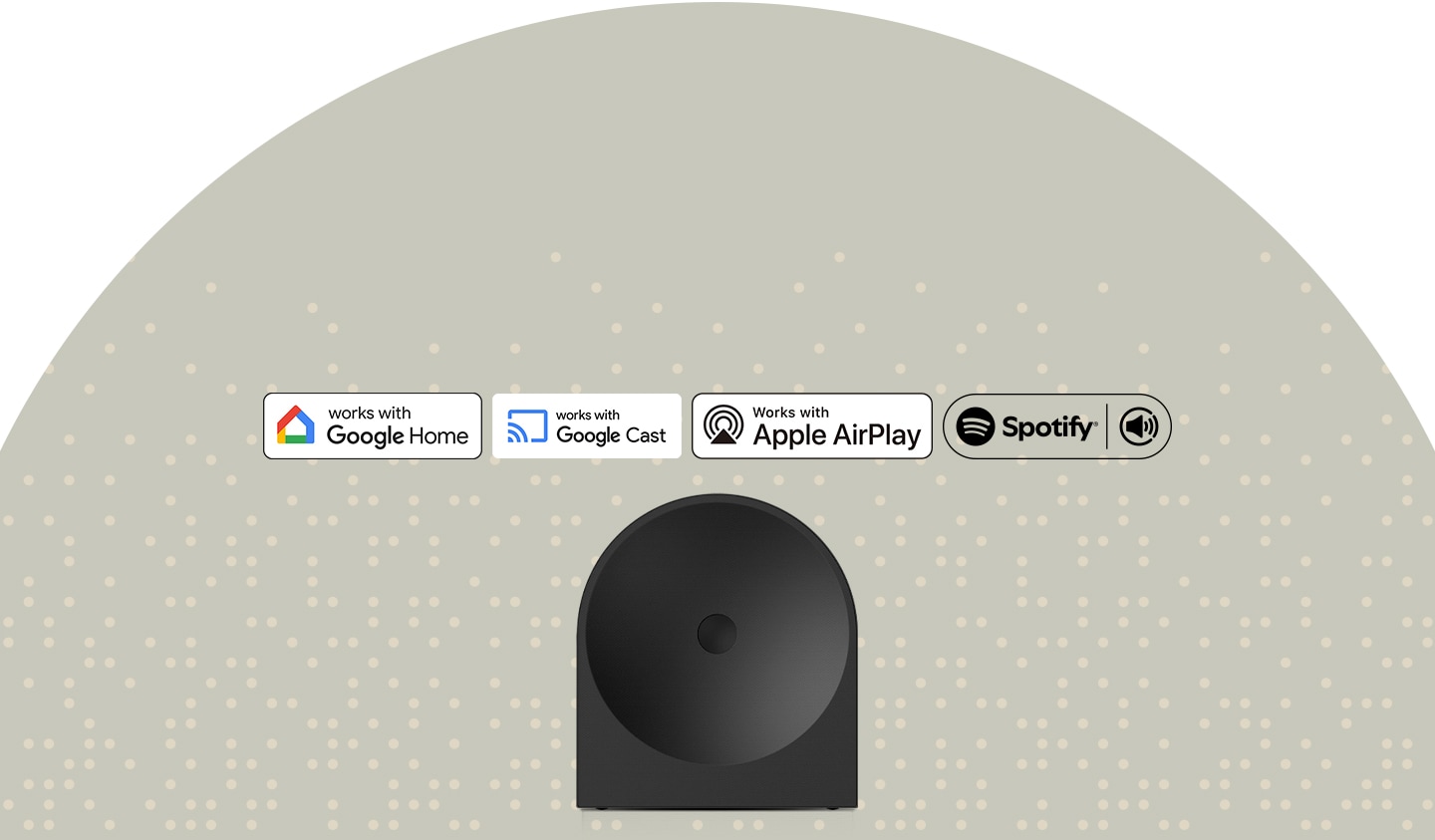 Music Studio 5 speaker with logos for Works With Google Home, Works With Google Cast™, Works With Apple AirPlay and Spotify, showing versatile voice and streaming support.