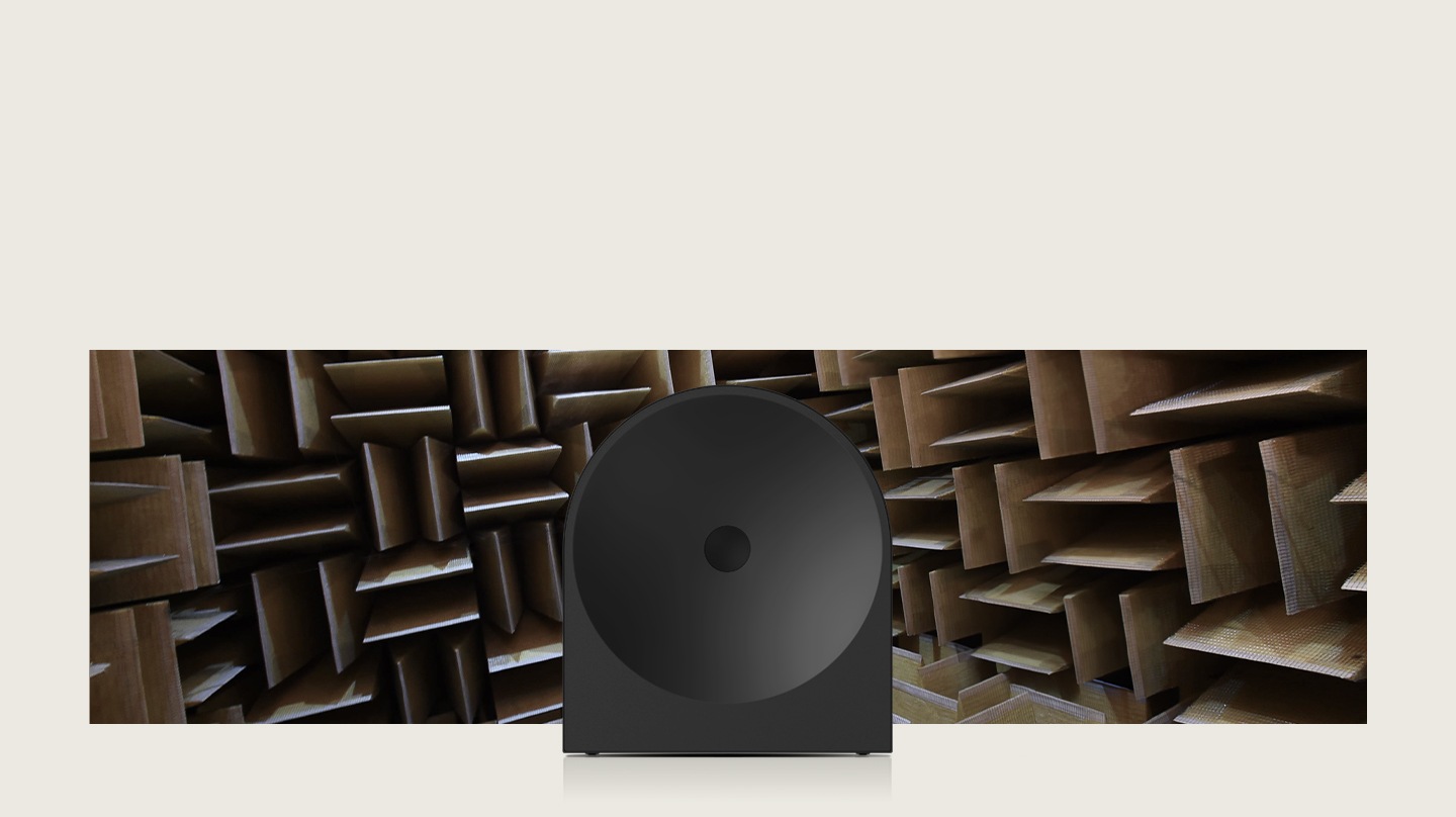 Music Studio 5 speaker shown in front of anechoic chamber panels, highlighting engineering and tuning by Samsung Audio Lab sound experts.