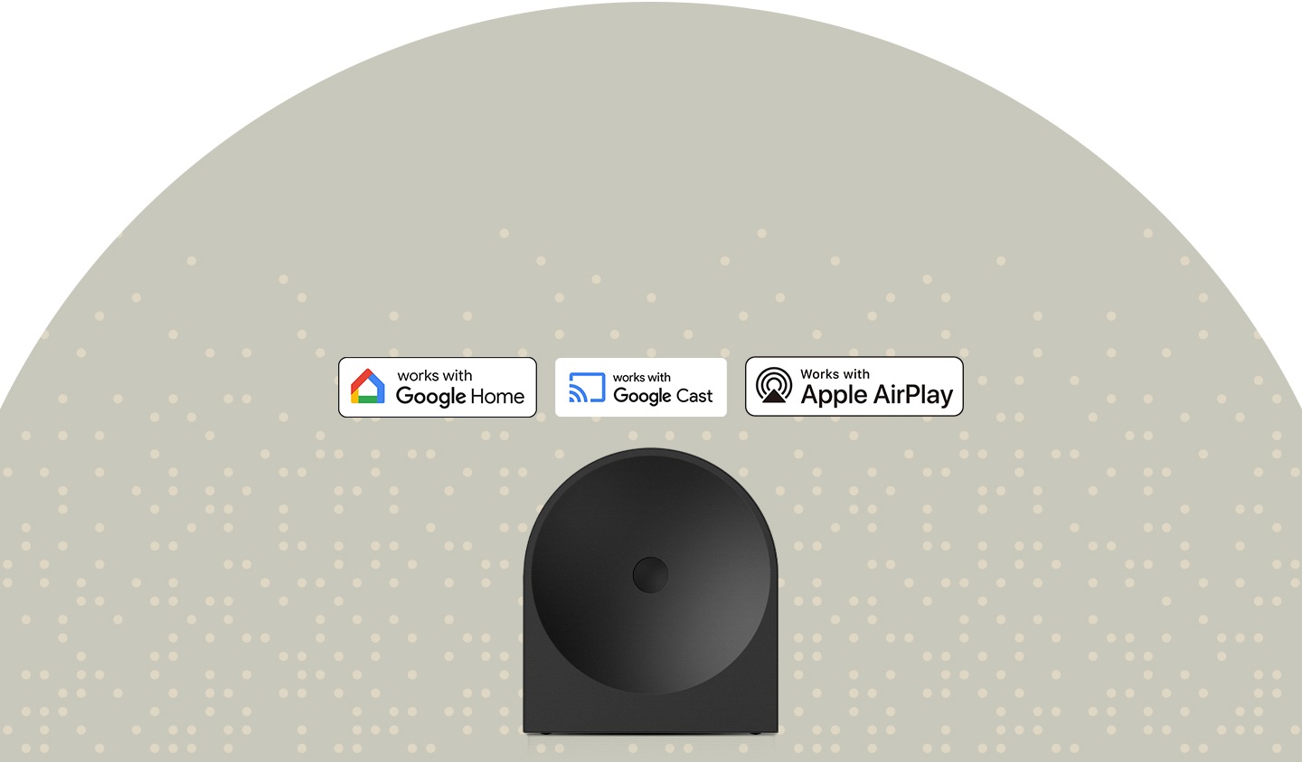 Music Studio 5 speaker with logos for Works With Google Home, Works With Google Cast™, Works With Apple AirPlay, showing versatile voice and streaming support.
