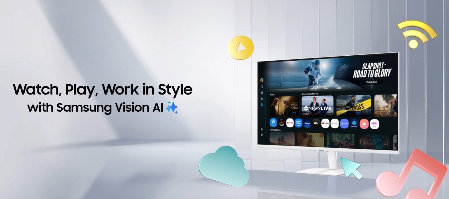Stílusos videónézés, játék és munka a Samsung Vision mesterséges intelligenciával. A Samsung Smart Monitor M7 megnagyobbodik, ahogy különféle ikonok, például a Copilot, a Samsung TV Plus és a mesterséges intelligencia, valamint több jelenet jelenik meg a képernyőn. A kurzor, a Wi-Fi, a zene, a lejátszás gomb és a felhő ikonjai forgás közben előugranak a monitorból.