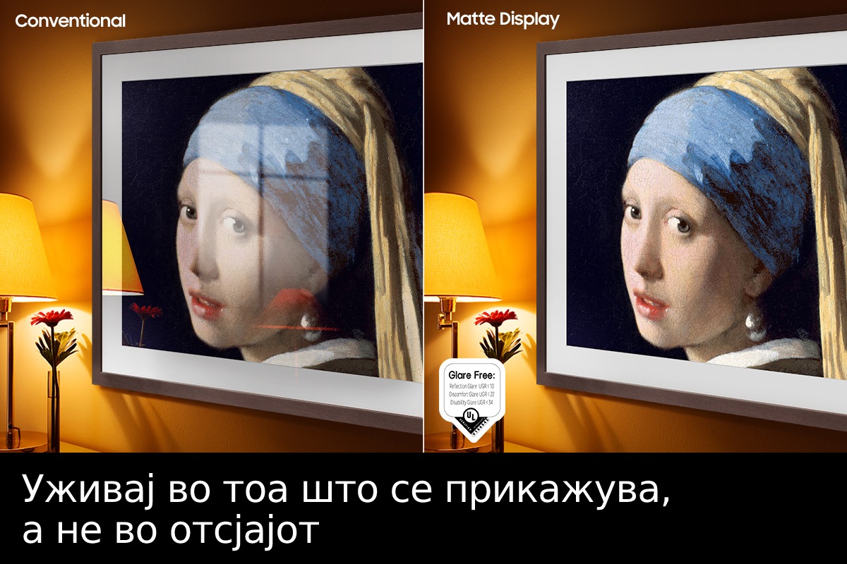 Конвенционалниот екран прикажува уметничко дело полно со рефлексии. Мат екранот ја прикажува истата слика, но без отсјај. На екранот е дадено логото Glare Free што е одобрено од UL, а кое гласи: „Reflection Glare UGR<10, Discomfort Glare UGR<22, Disability Glare UGR<34“.