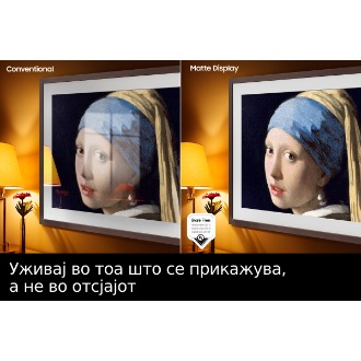 Конвенционалниот екран прикажува уметничко дело полно со рефлексии. Мат екранот ја прикажува истата слика, но без отсјај. На екранот е дадено логото Glare Free што е одобрено од UL, а кое гласи: „Reflection Glare UGR<10, Discomfort Glare UGR<22, Disability Glare UGR<34“.