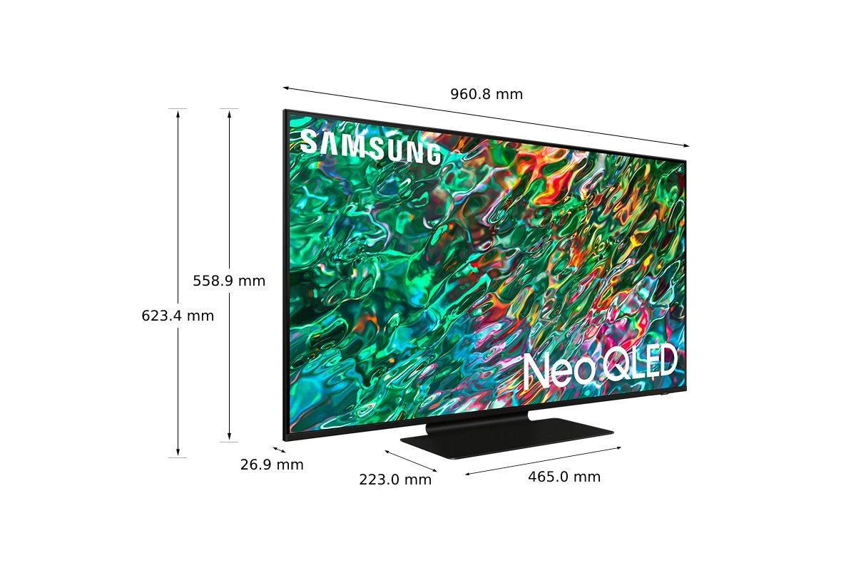 Димензии на Samsung QLED ТВ (## x ## x ## mm) QN90B со црн централен држач