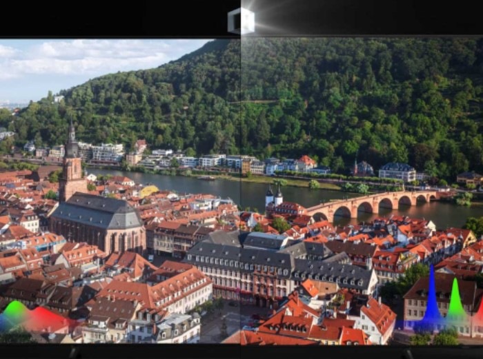 A scene of a city is split in two. The left side is displayed with conventional TV while the right side is displayed with Crystal UHD.