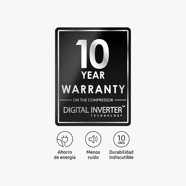 Display 10 Year Warranty on the compressor for Digital Inverter™ Technology. There are Energy savings, Less Noise, Undoubtable durability icons.