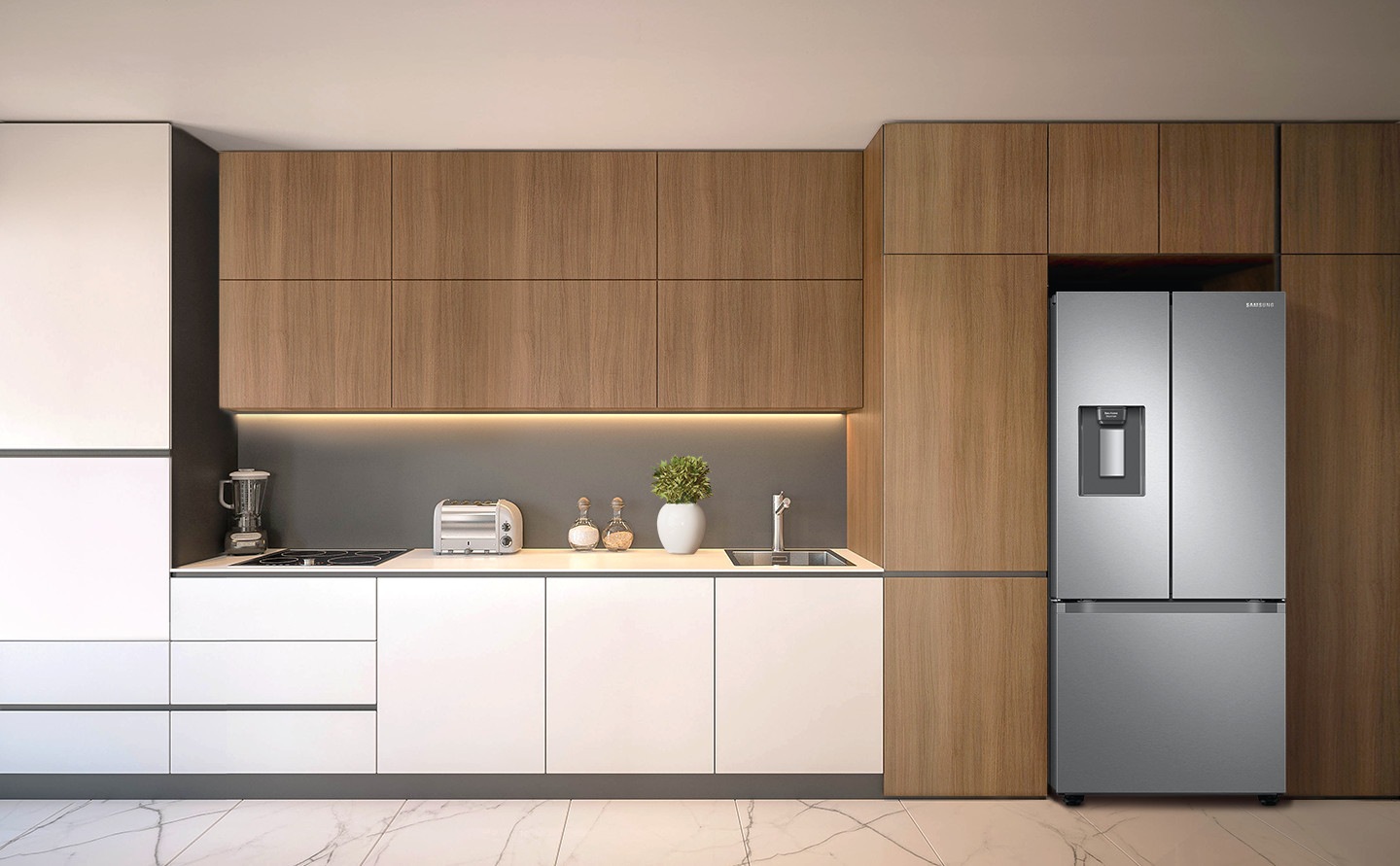 The RF4500 is installed in the kitchen with minimal handles and water dispenser.