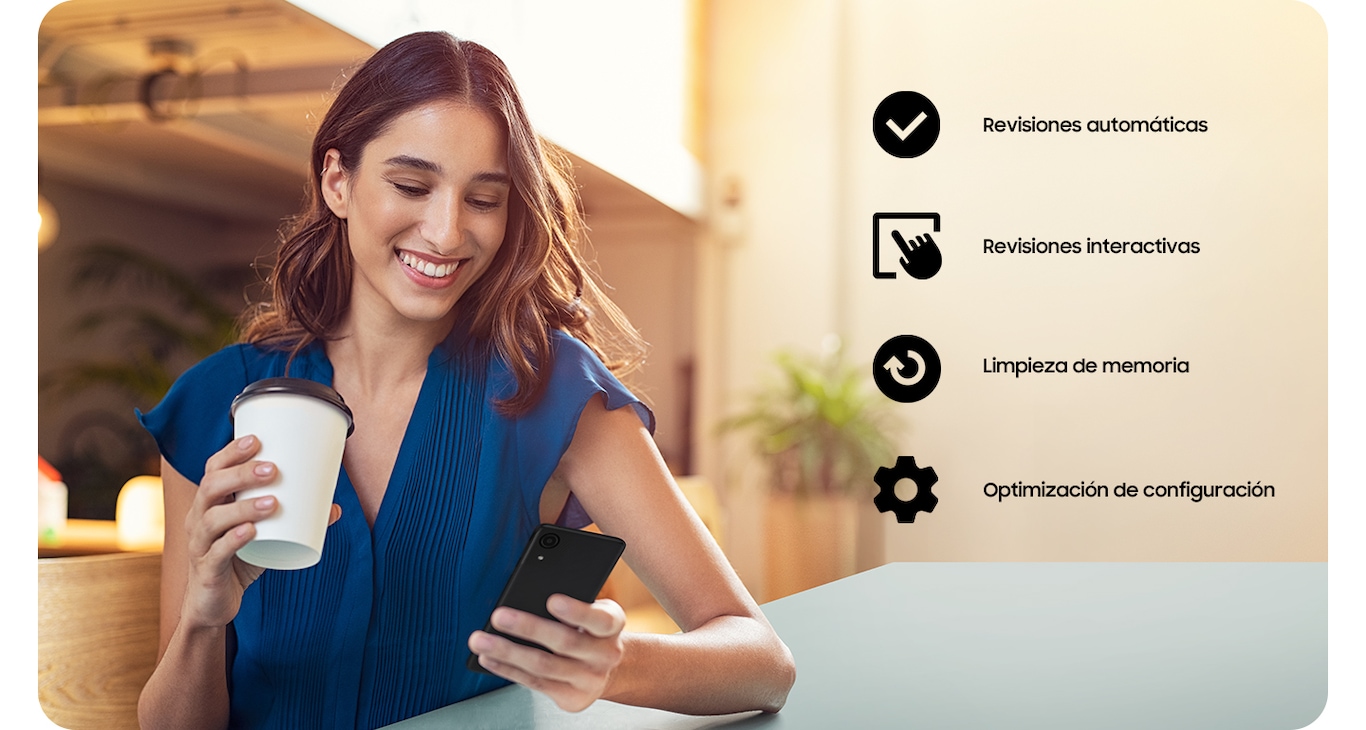A woman holding a coffee cup and using her Galaxy A03 Core. A checkmark icon for Automatic Checks, an icon of a hand tapping a screen for Interactive checks, an icon of arrow going in a circle for Clean memory and a cog icon for Optimize settings.