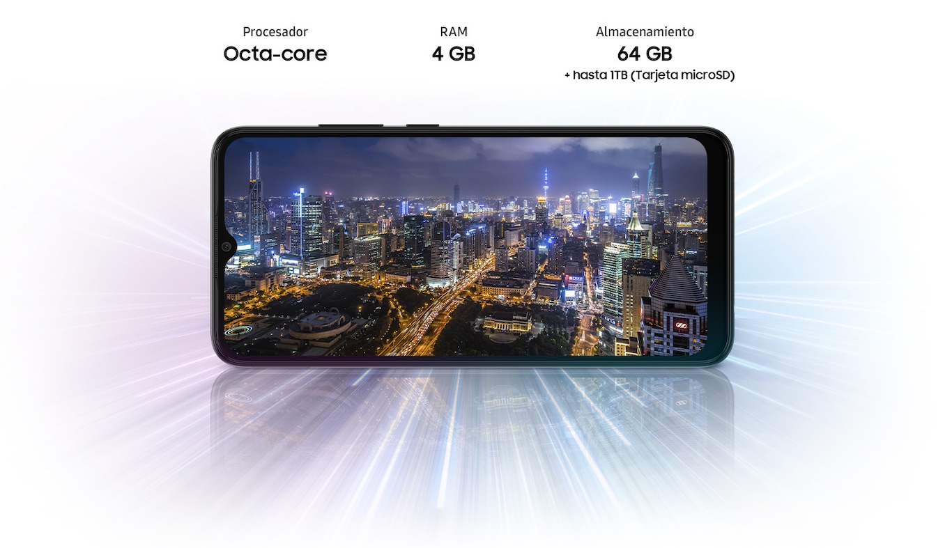 Galaxy A03 shows night city view, indicating device offers Octa-core processor, 3GB/4GB RAM, 32GB/64GB/128GB with up to 1TB-storage.