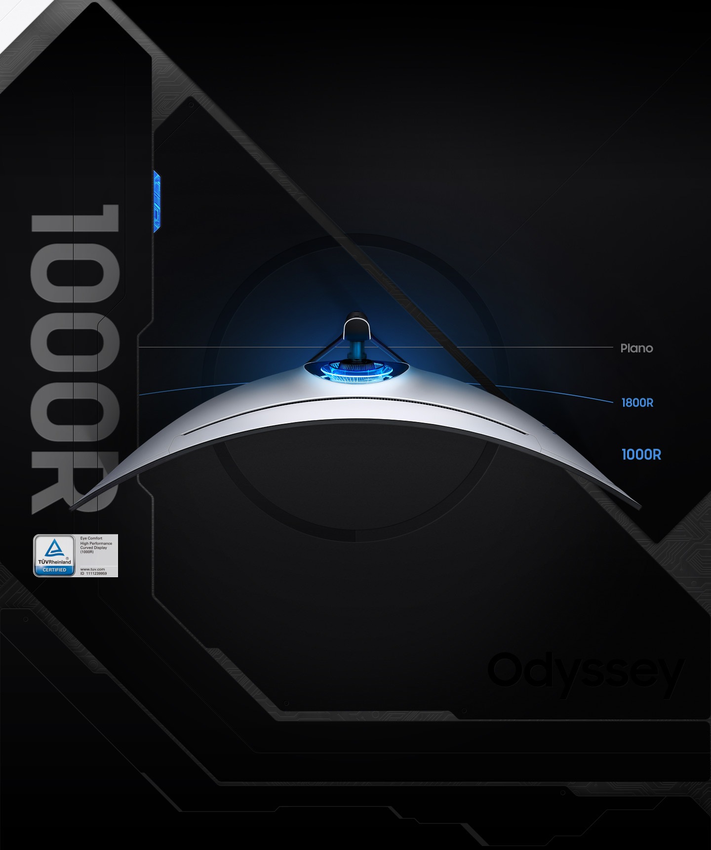 The top of a curved screen monitor is shown with the core lighting on its back lighting up in blue. The logo for TUV is located in the left lower corner. Lines next to the monitor also represent curvatures of flat and 1800R monitors for comparison against 1000R.