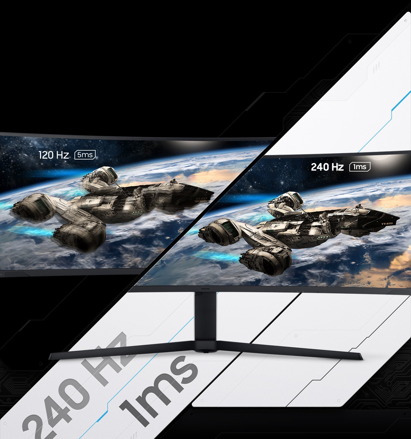 A G95NA monitor shows two spaceships blasting off into space. The monitor is split in two to show the difference in display quality comparing two different refresh rates and response time, one with 120Hz and 5ms and the other with 240Hz and 1ms which shows fewer lagging blurs.