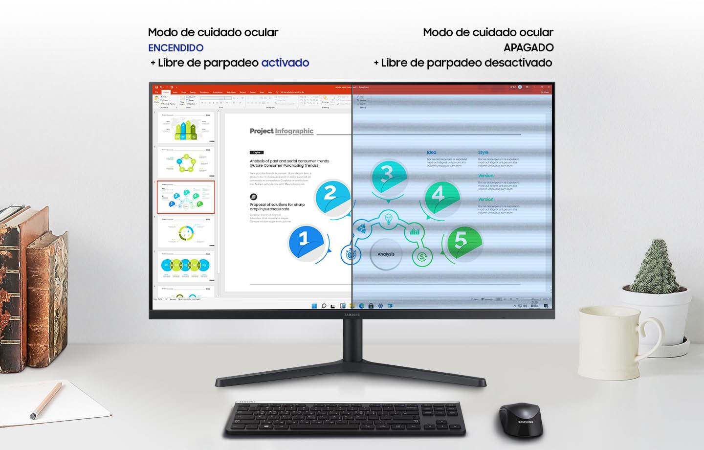 Hay un S30B sobre el escritorio. En el modo Protector de ojos activado + Compatible con sin parpadeo, los documentos en la pantalla son claramente visibles sin ruido. En el modo Protector de ojos APAGADO + No se admite la función Sin parpadeo, hay ruido en el documento en la pantalla.