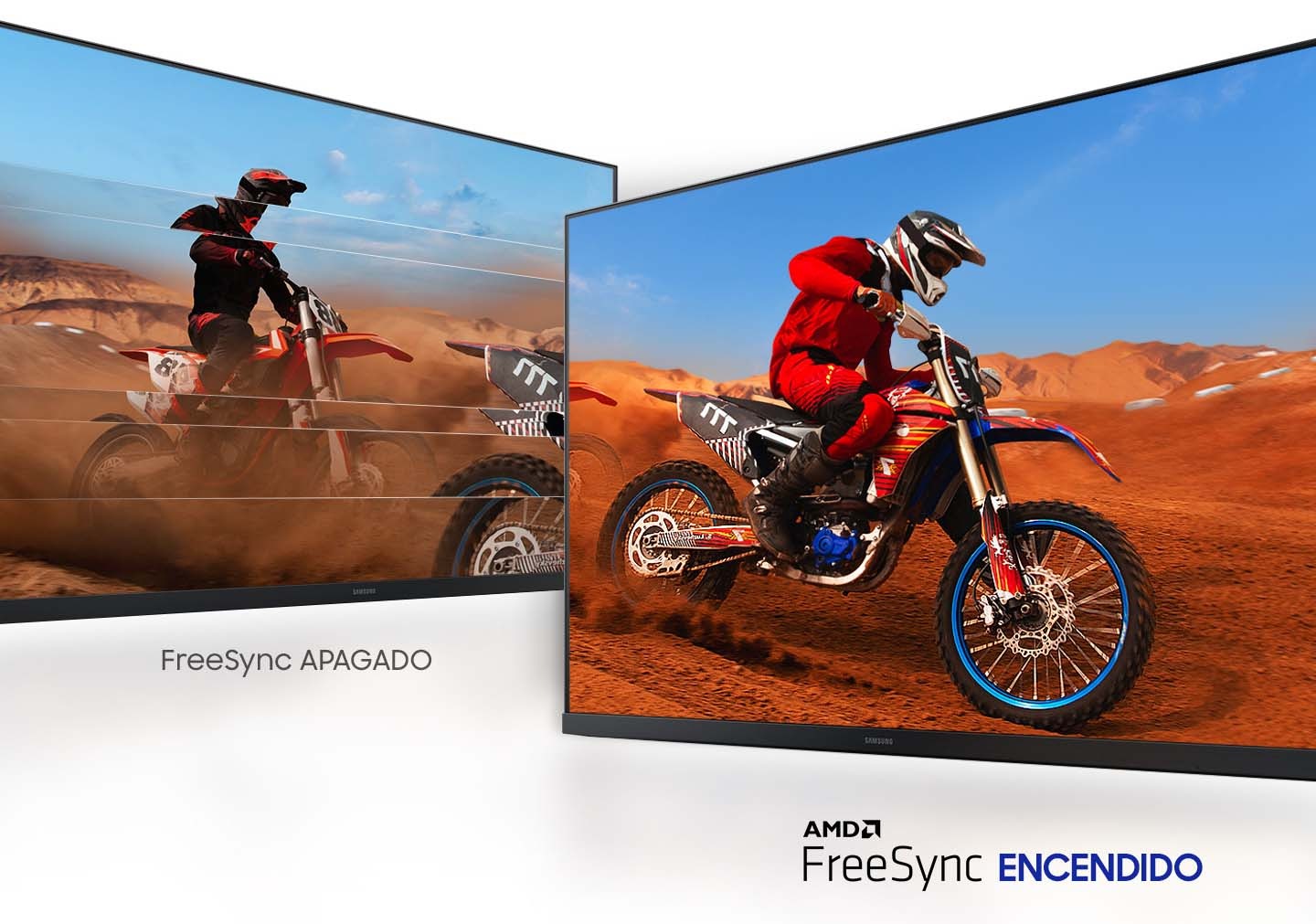 En FreeSync OFF, los hombres que andan en bicicleta parecen estar divididos en varios. En AMD FreeSyncON, aparece como imagen un hombre andando en bicicleta.