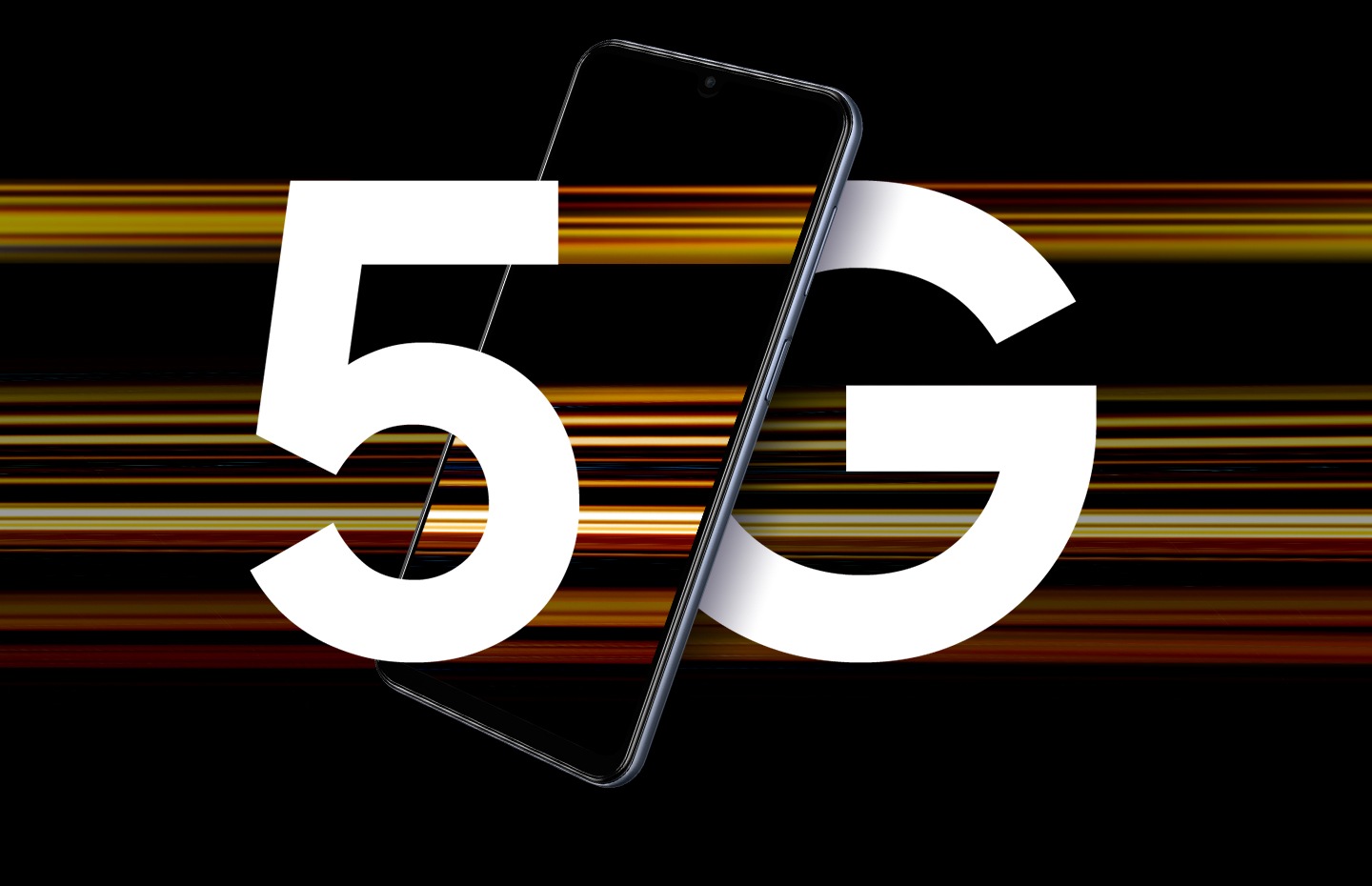 Se muestra un dispositivo Galaxy M33 5G con el texto 5G dividido en las letras por el dispositivo. Unas vetas de luz de colores lo rodean para representar las rápidas velocidades 5G.