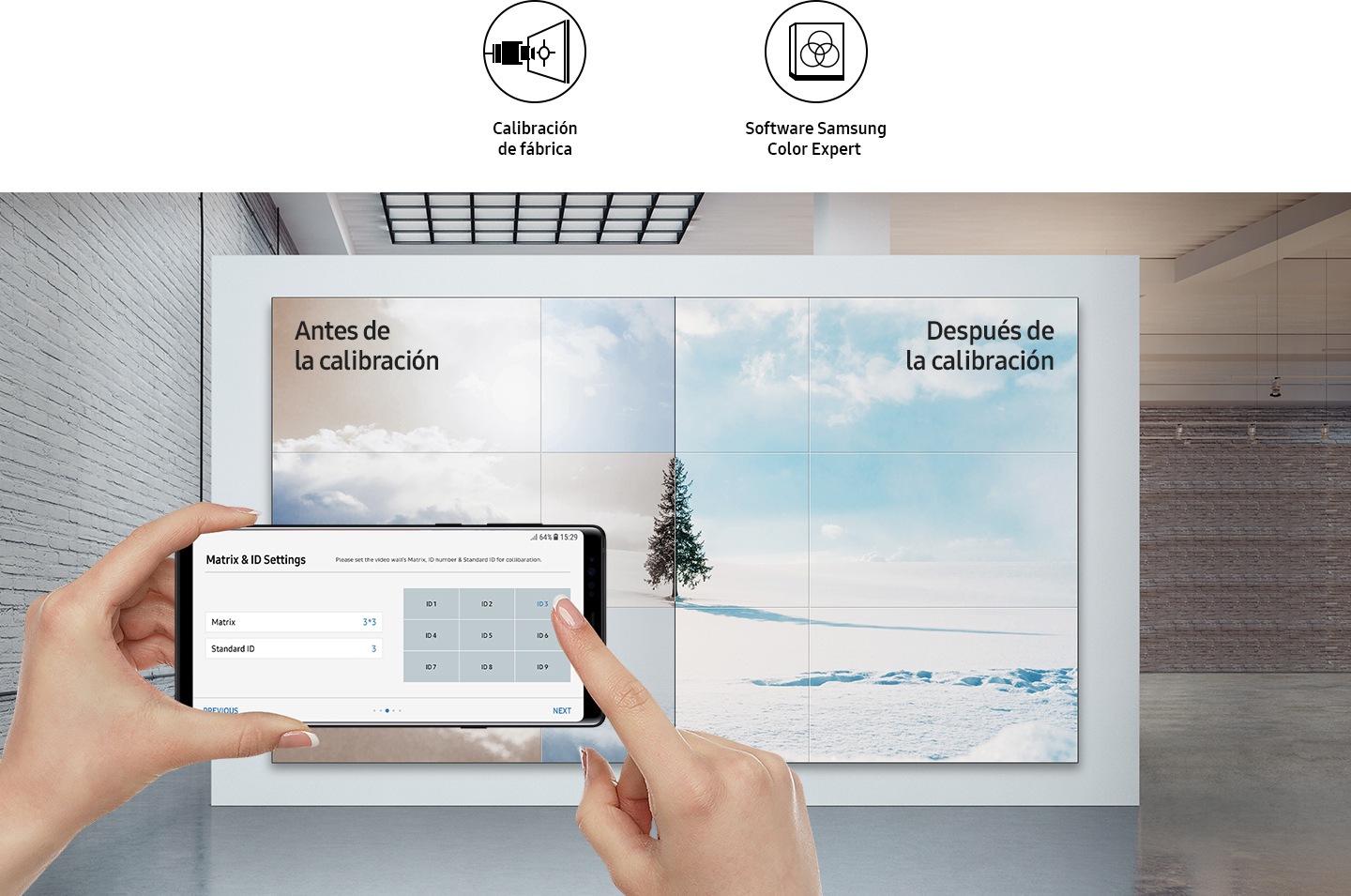 Comparing the state before and after the calibration of the video wall using a phone. There are icons such as Factory Calibration and Samsung Color Expert Software.