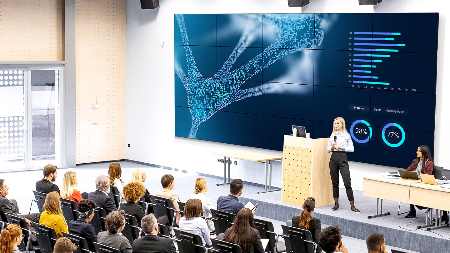 Displaying materials on a video wall in a conference room and giving a lecture to multiple audiences
