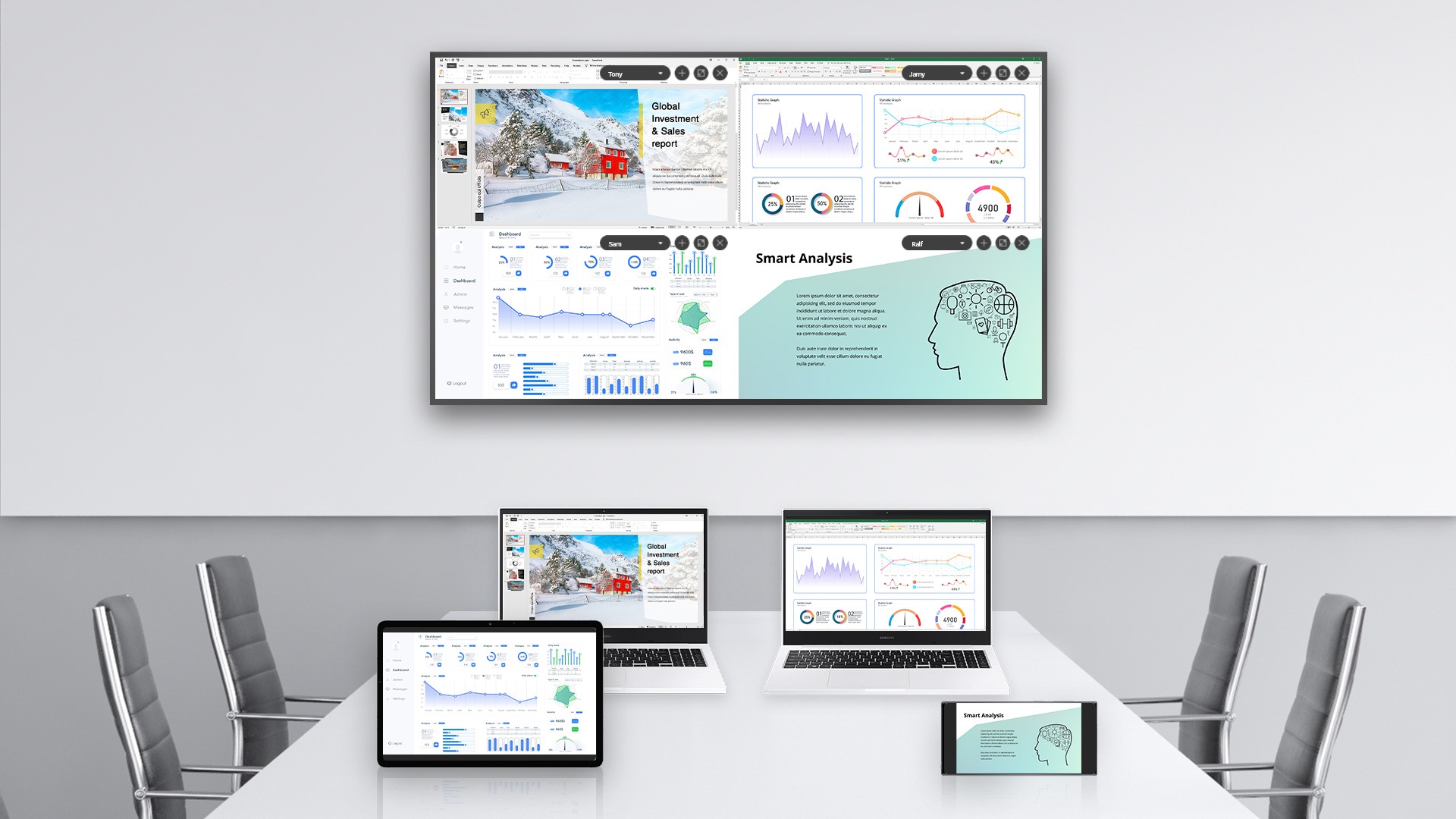 There is a cellphone, tablet and two laptops on the office desk. The screens of power point, excel, google analytics, and smart analysis appearing on the screen of each device are transmitted to QMB at the same time. In the QMB on the front, the transmitted document is divided into four screens and transmitted. It says iPhone, Macbook, Android, Chrome, and Windows Support at the bottom.