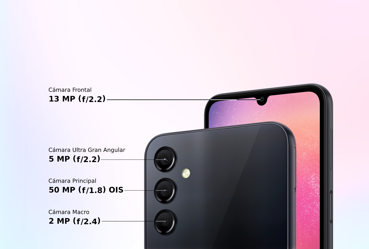 La parte frontal y trasera del Galaxy A24 se muestran para mostrar sus cuatro cámaras múltiples, incluida la cámara frontal de 13MP f / 2.2, la cámara ultra ancha de 5MP f / 2.2, la cámara principal de 50MP f / 1.8 OIS y la cámara macro de 2MP f / 2.4.